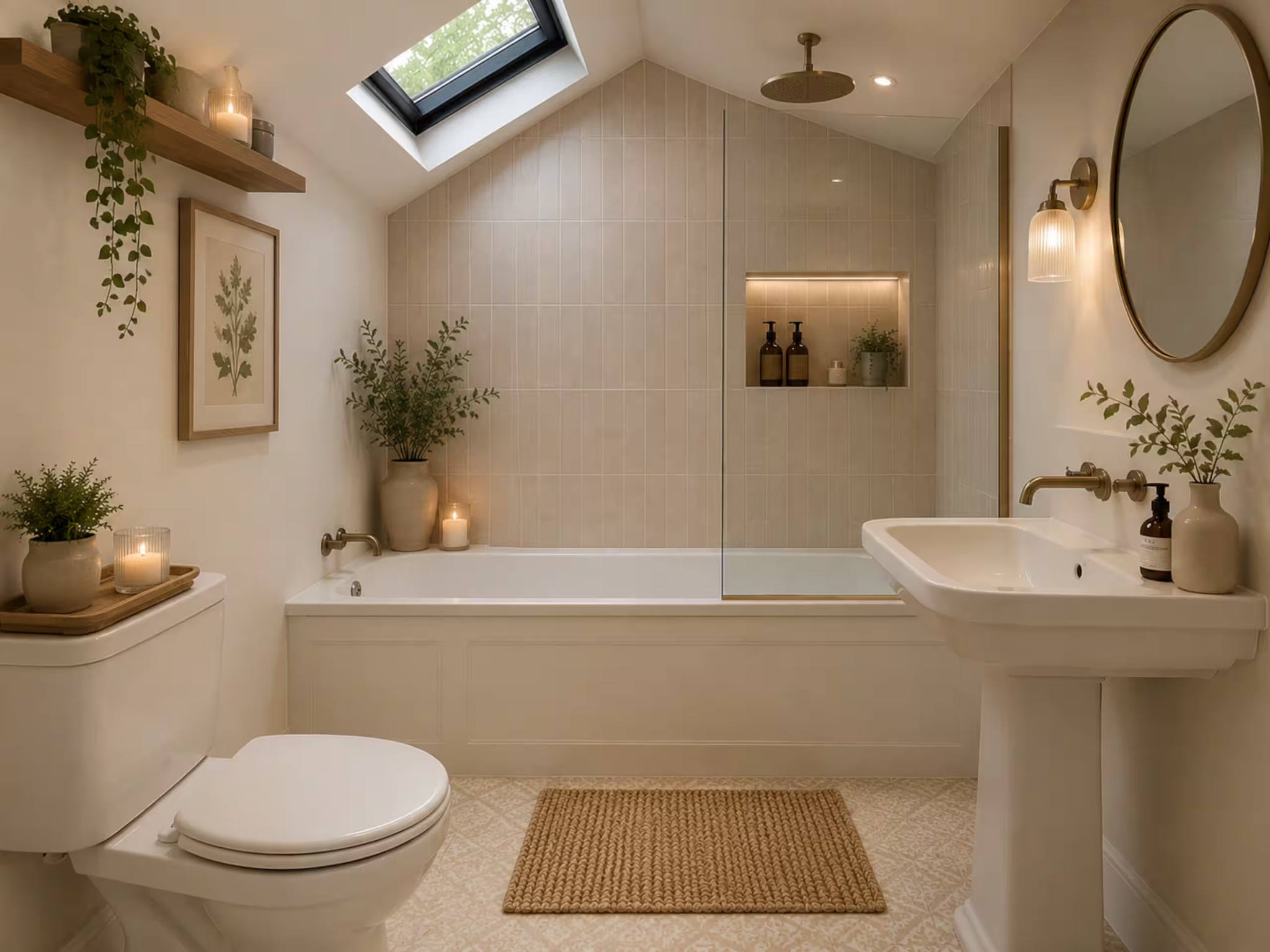 Bathroom with bath and rainfall shower