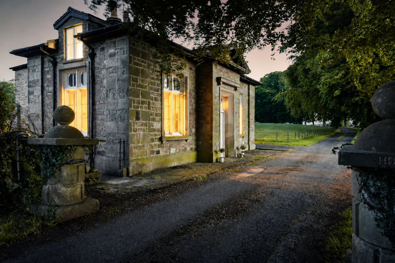 Summerfield Lodge glowing warmly beside the country drive at dusk